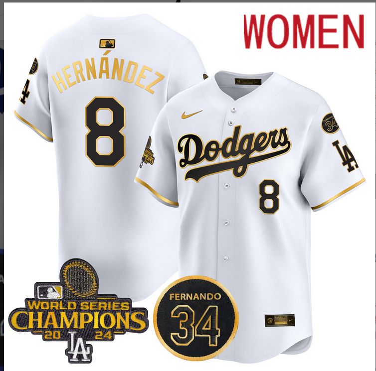 Women MLB Los Angeles Dodgers #8 Hernandez white 2024 World Series Champions Patch Limited Jersey style 3